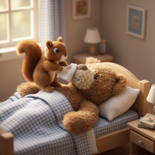 Wenig sp&auml;ter lag der B&auml;r in seinem Bett und Kati k&uuml;hlte mit einem feuchten Tuch seine zerstochene Nase.